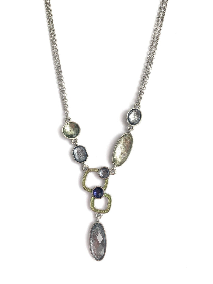 Silver statement necklace with faceted blue and green crystals and teardrop charm