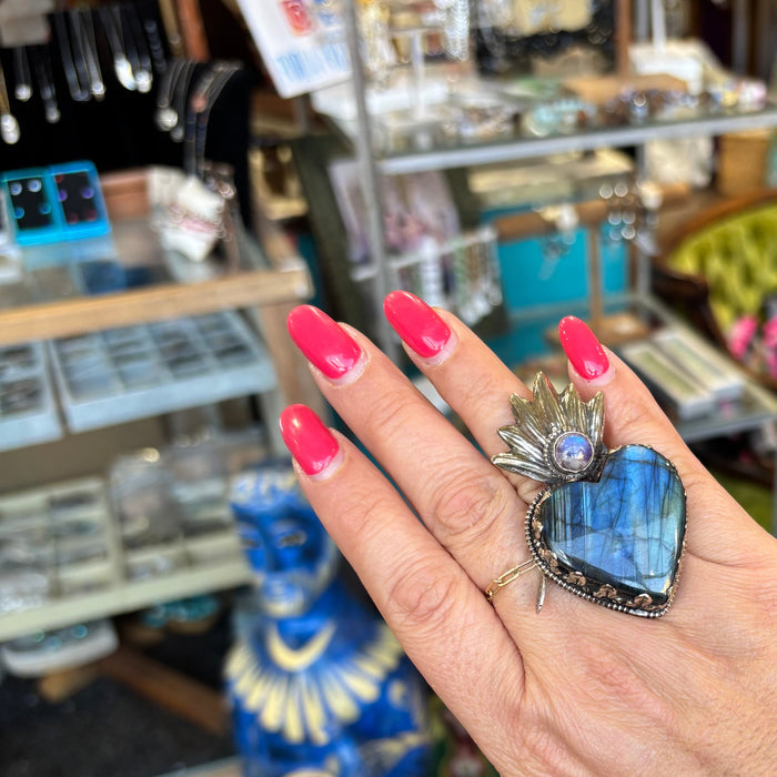 Labradorite Flaming Sacred Heart Necklace or Ring