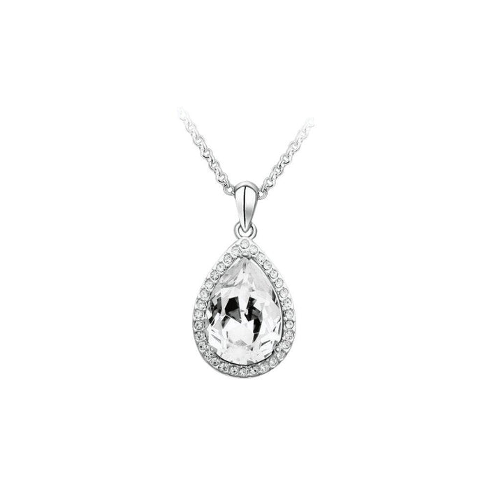 Silver teardrop crystal pendant necklace with faceted clear stone on chain