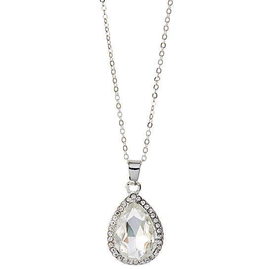 Silver teardrop crystal pendant necklace with pave-style rim and long chain