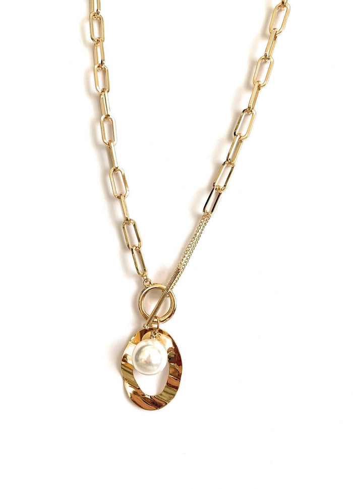 Gold link necklace with teardrop oval pendant and white simulated pearl