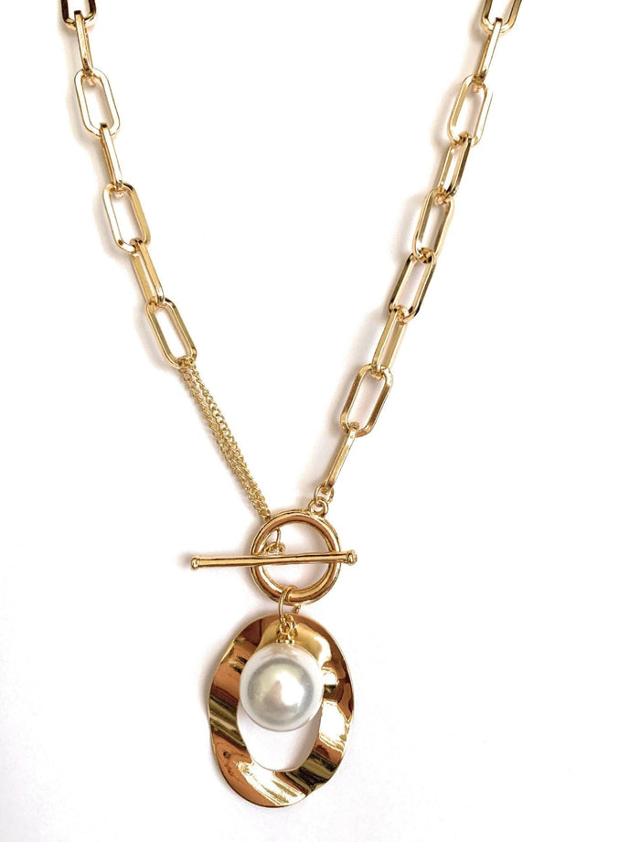 Gold chain necklace with teardrop oval pendant, faux pearl, and toggle bar