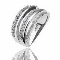 Silver-tone ring set with two slim bands and sparkling clear stone inlays