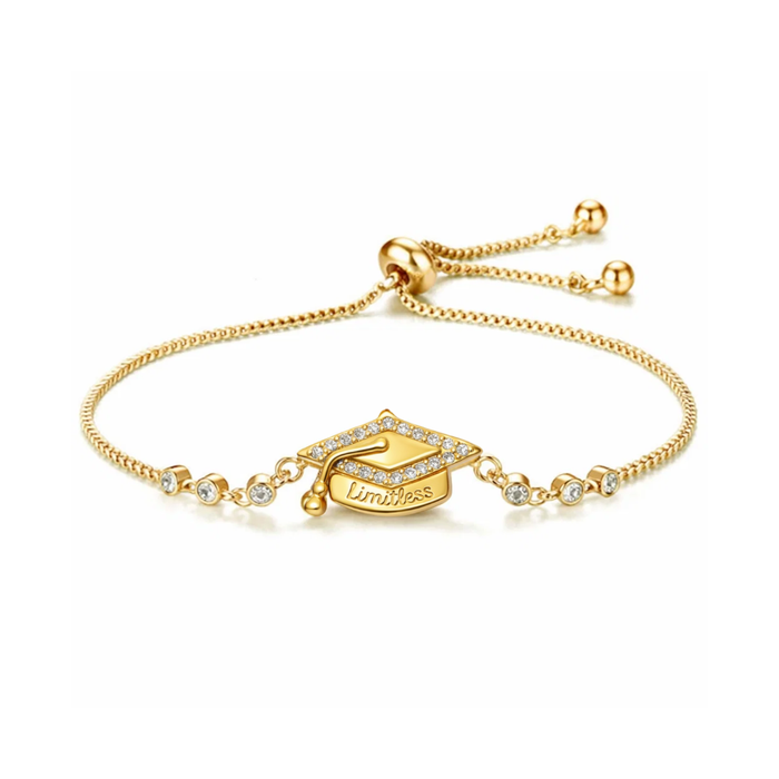 Gold graduation cap pavé bracelet with adjustable chain and rhinestone accents