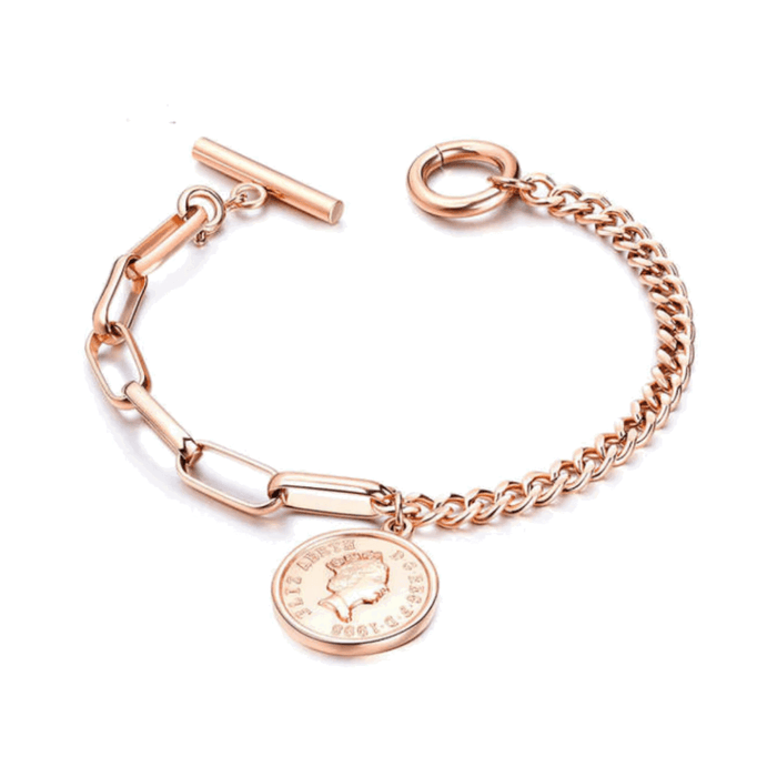 Rose gold link bracelet with round coin charm, curb chain and toggle clasp