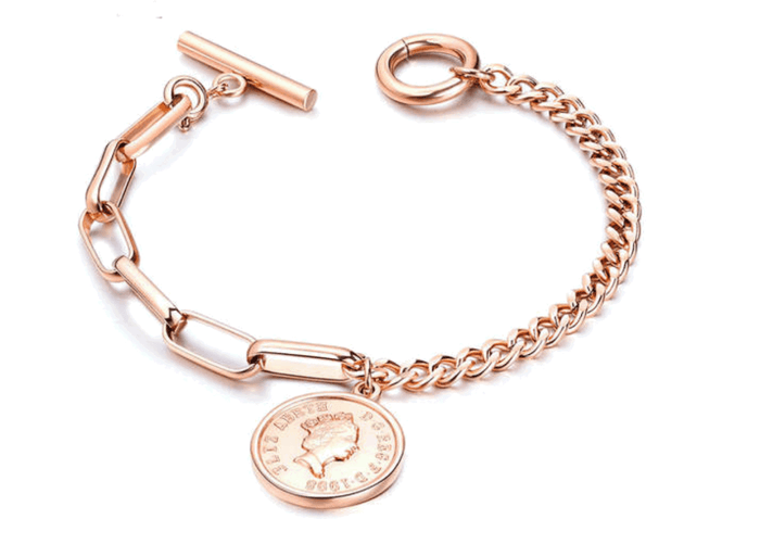 Rose gold link bracelet with coin charm and toggle clasp