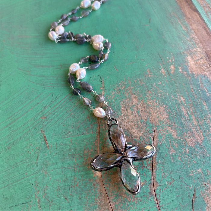 Long Crystal Cross Pearl and Grey Neckace
