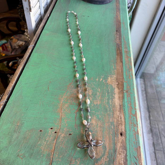 Long Crystal Cross Pearl and Grey Neckace