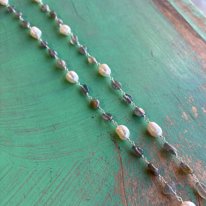 Long Crystal Cross Pearl and Grey Neckace