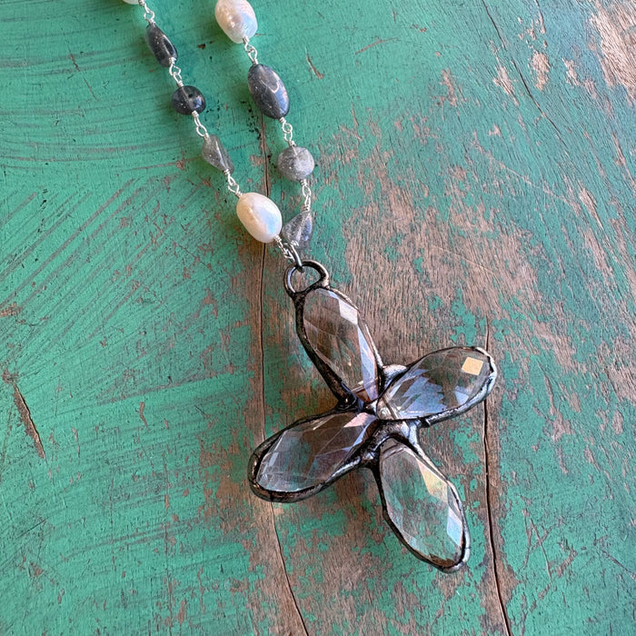 Long Crystal Cross Pearl and Grey Neckace