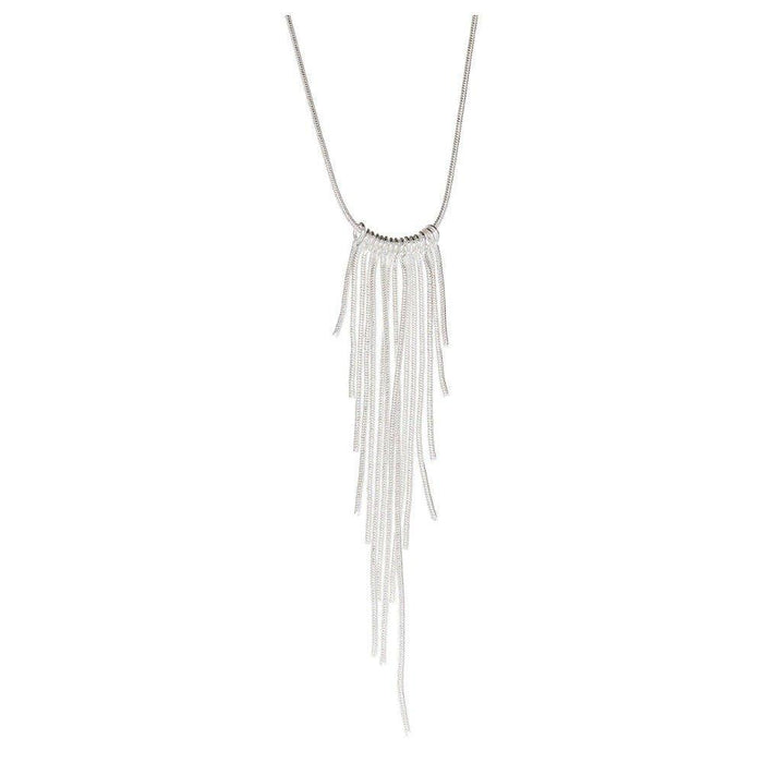Long fringe necklace with silver chain and white tassel strands