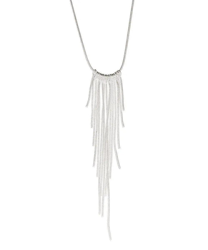 Long fringe necklace with bead clasp and hanging white tassels