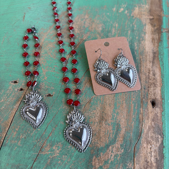 Long Red Enamel Sacred Heart Necklace or Bracelet