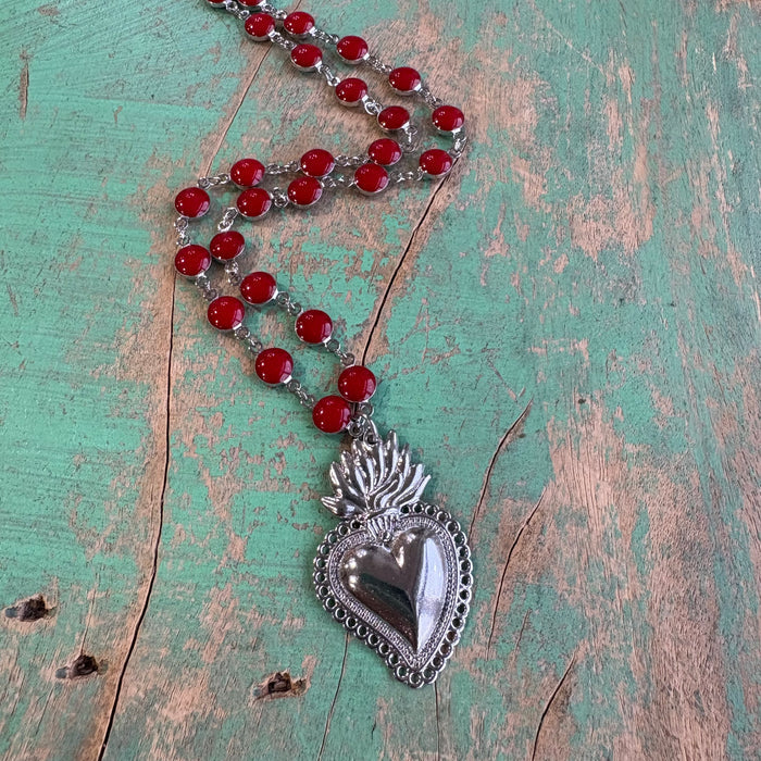 Long Red Enamel Sacred Heart Necklace or Bracelet