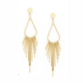 Gold long tassel dangle earrings with teardrop center and circular stud tops