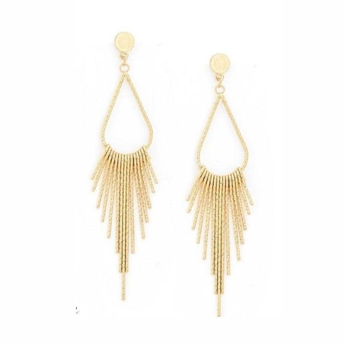 Gold long tassel dangle earrings with teardrop center and circular stud tops