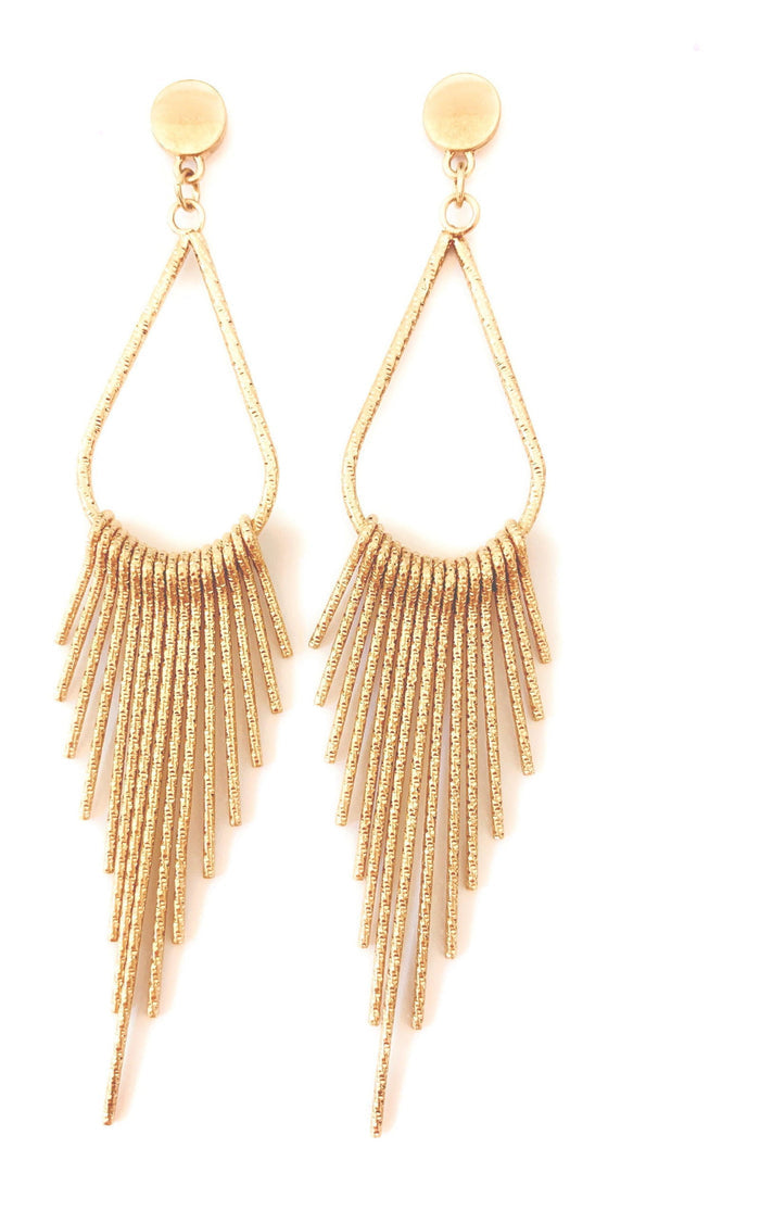 Gold teardrop dangle earrings with long fringe tassels and round stud backs