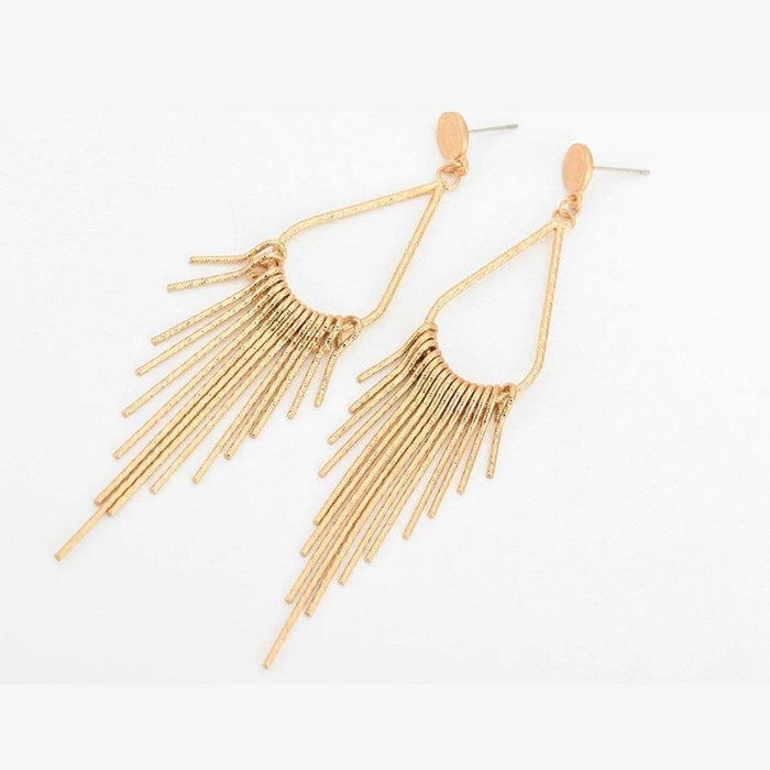 Gold long tassel dangle earrings with teardrop loop frame and thin fringe strands