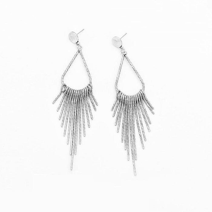 Silver long tassel dangle earrings with teardrop center and round stud tops