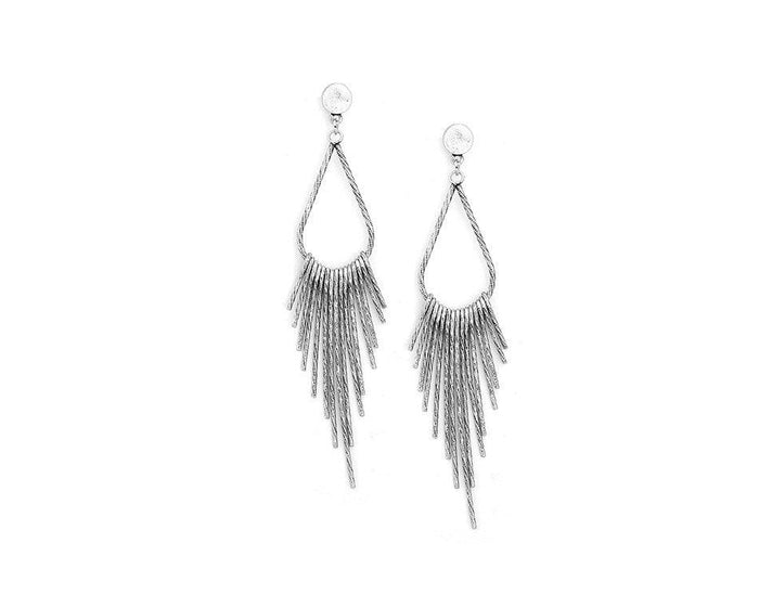 Silver teardrop dangle earrings with long fringe tassels and round stud backs