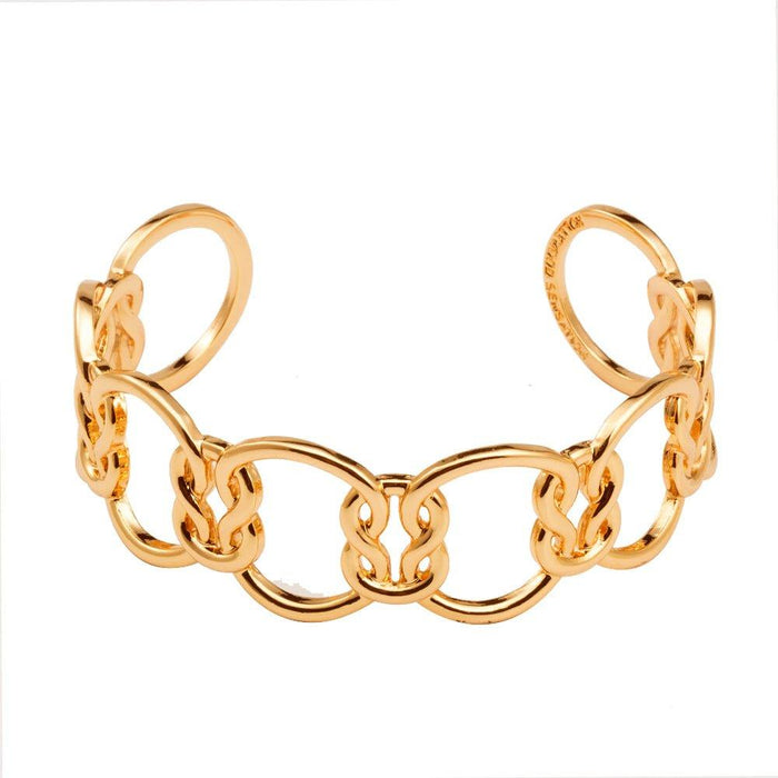 Gold love-knot link bracelet with alternating oval loops and raised knot charms