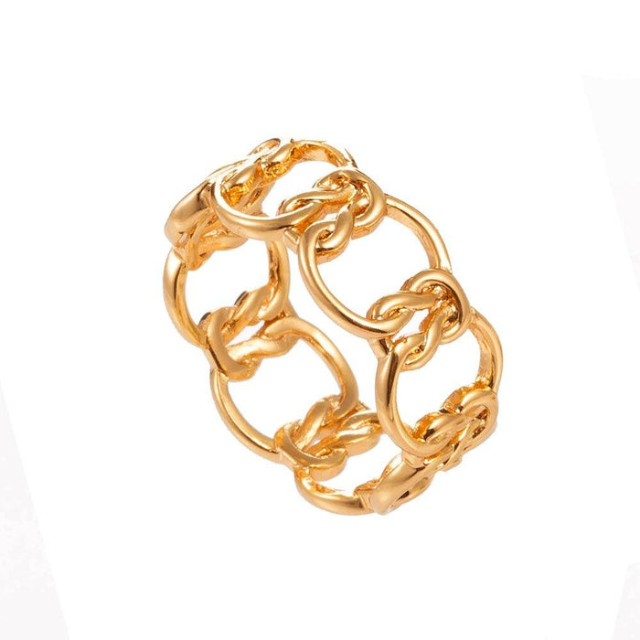 Gold love-knot chain ring with sculpted interlocking link band