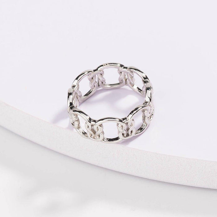 Silver love-knot chain ring with interlocking sculpted link band