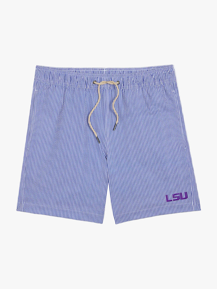 Light blue and white vertically striped swim trunks with a white drawstring and a purple LSU logo on the lower left leg, shown flat on a white background.