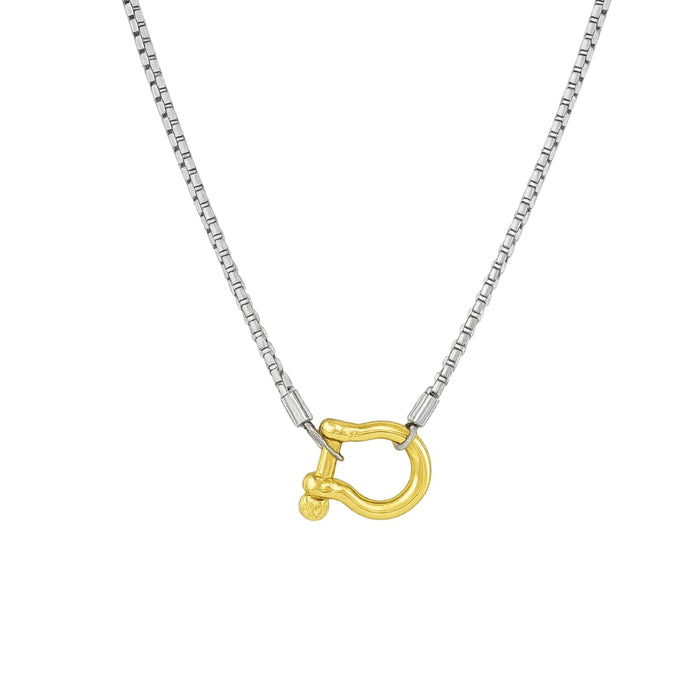 Two-tone carabiner pendant necklace with silver chain and gold horseshoe charm