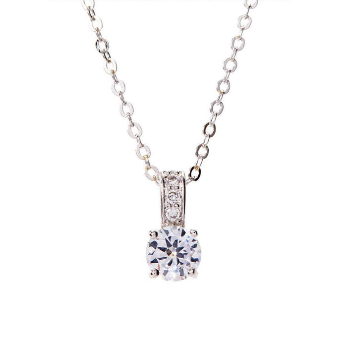 Cubic zirconia pendant necklace with round stone and vertical halo, silver-tone chain