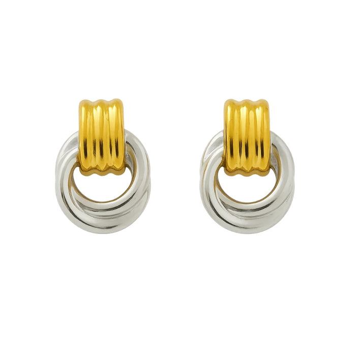 Two-tone mixed metal circle drop earrings with gold top and silver hoop rings