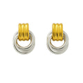 Two-tone mixed metal circle drop earrings with gold top and silver hoop rings