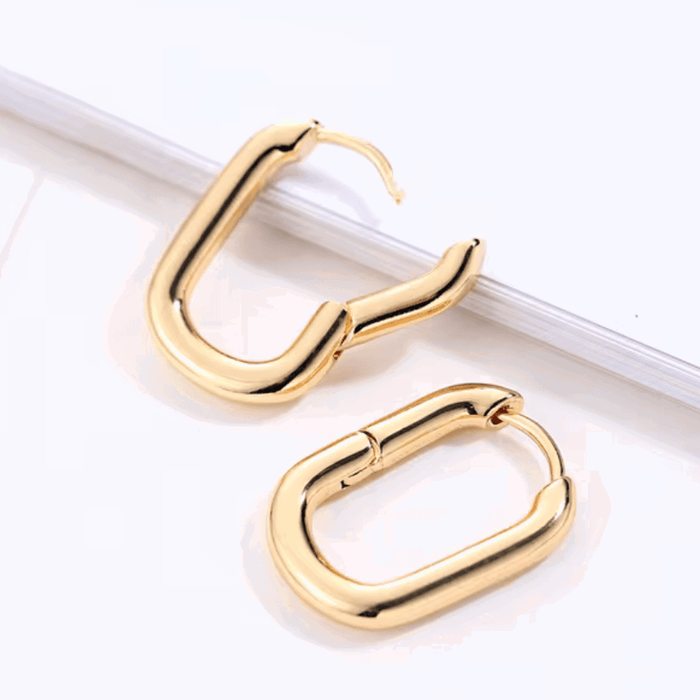 Gold rectangular hoop earrings with smooth finish, pair