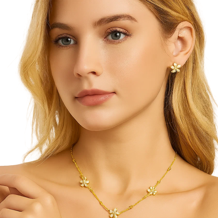 Gold-tone crystal flower pendant necklace with small floral cluster charms
