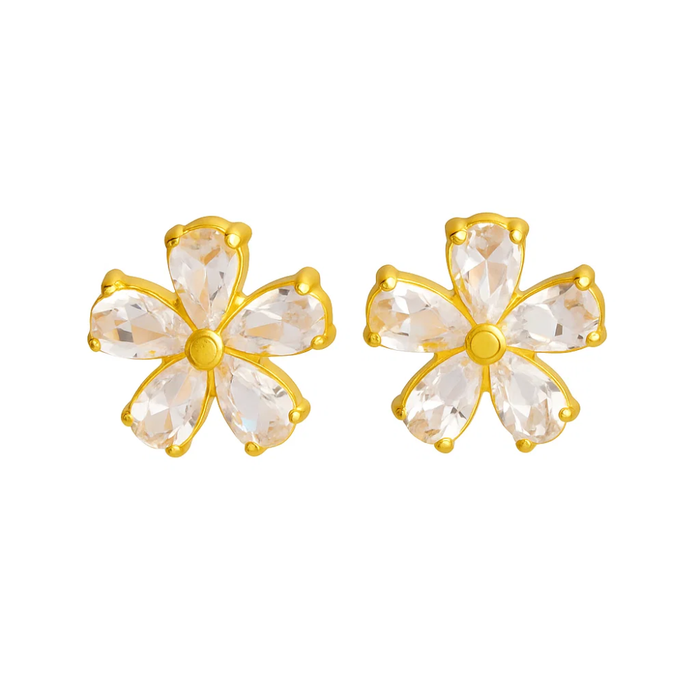 Gold-tone crystal flower stud earrings with clear teardrop center stones