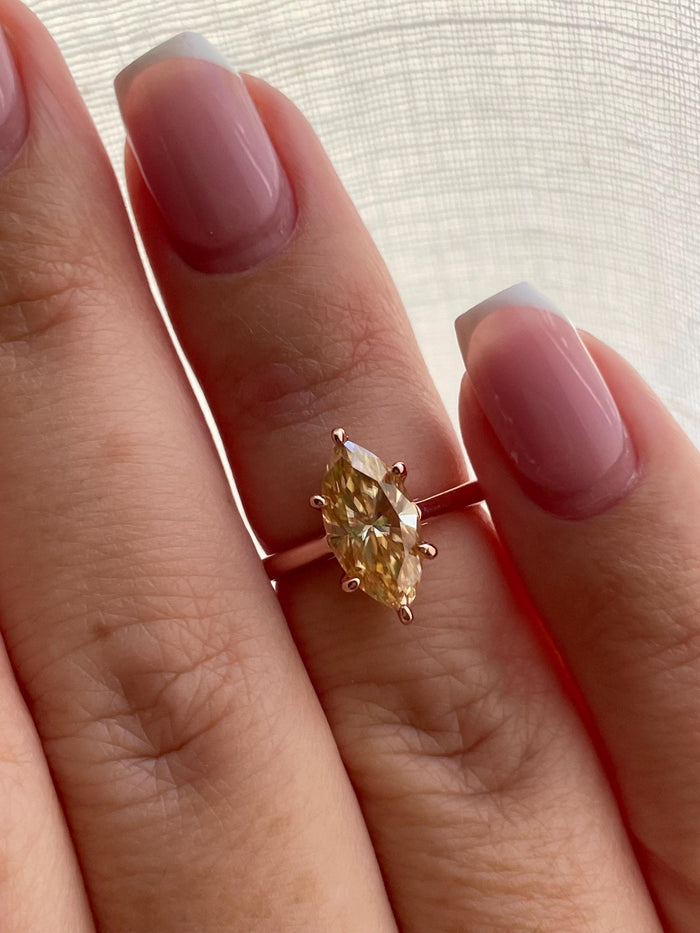Marquise Cut Champaigne moissanite engagement ring in sterling silver, gold vermeil