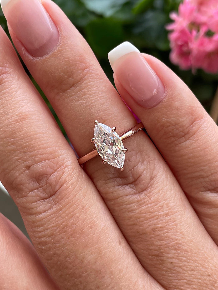 Marquise Cut CZ Diamond Engagement Ring: Sterling Silver, Gold Rose gold Vermeil