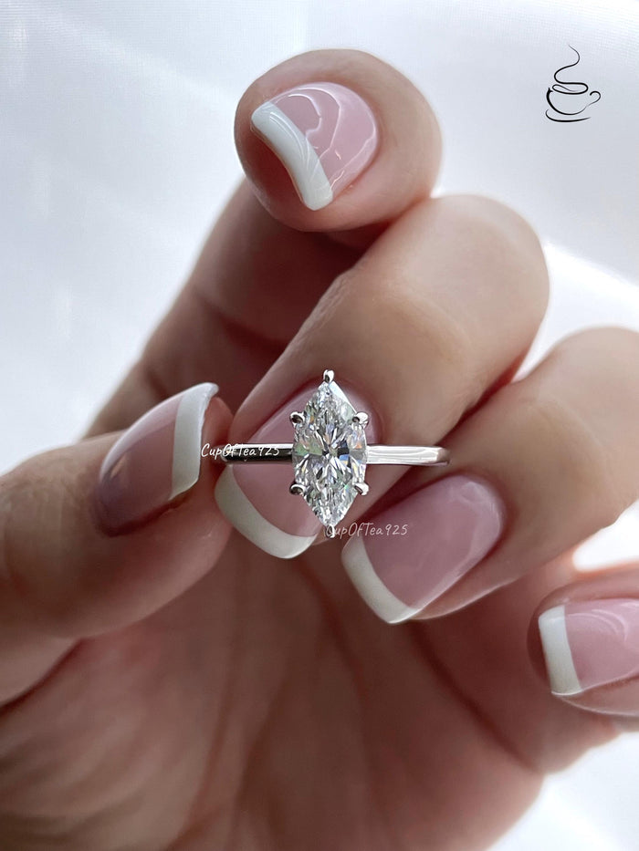Marquise Cut CZ Diamond Engagement Ring: Sterling Silver, Gold Rose gold Vermeil