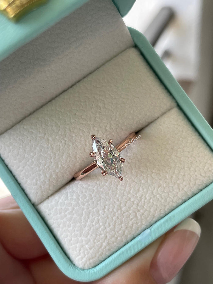 Marquise Cut CZ Diamond Engagement Ring: Sterling Silver, Gold Rose gold Vermeil