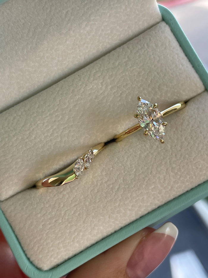 Marquise Cut CZ simulated Diamond bridal Set, Yellow Gold Vermeil Sterling Silver Engagement Ring set with 1.5CT marquise cut