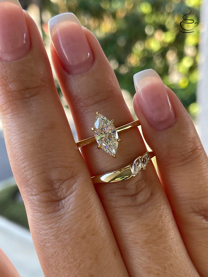 Marquise Cut CZ simulated Diamond bridal Set, Yellow Gold Vermeil Sterling Silver Engagement Ring set with 1.5CT marquise cut