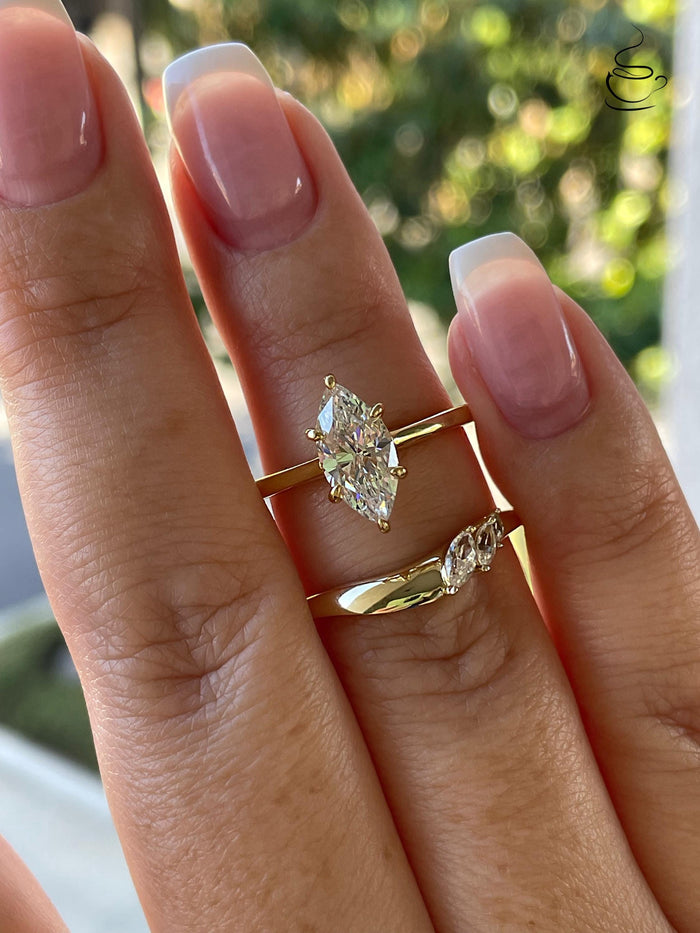 Marquise Cut CZ simulated Diamond bridal Set, Yellow Gold Vermeil Sterling Silver Engagement Ring set with 1.5CT marquise cut