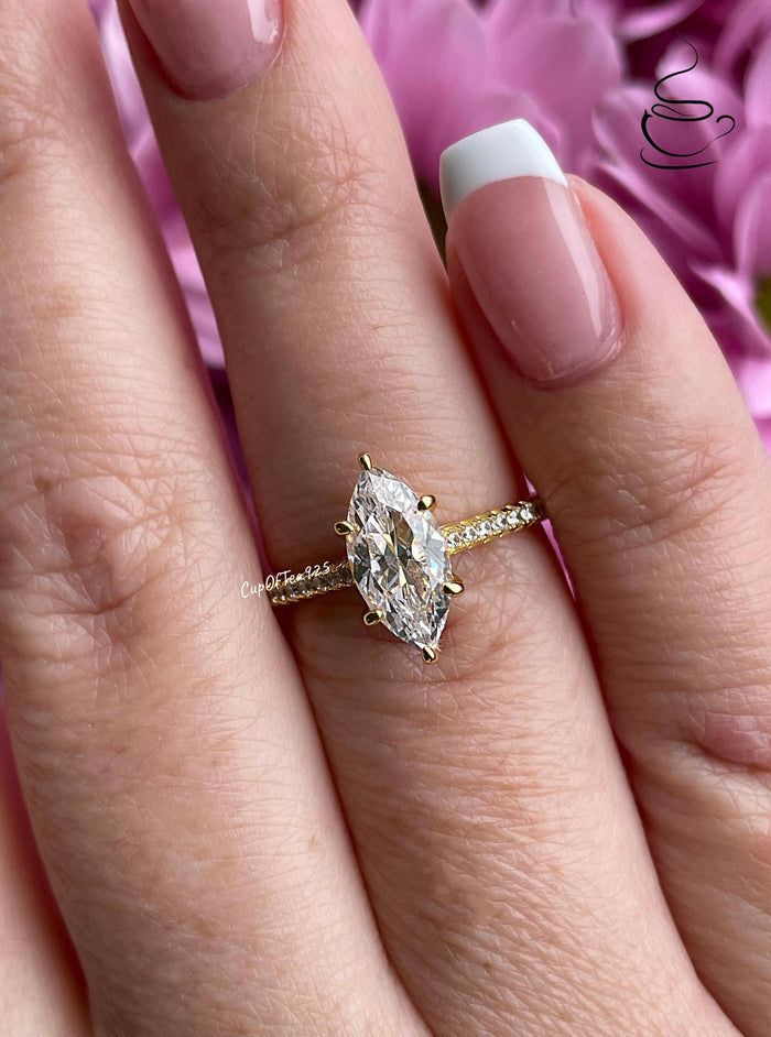 Marquise cut engagement ring. 1.5CT marquise cut CZ diamond engagement ring in sterling silver 925 with rhodium, 14K yellow gold,rose gold