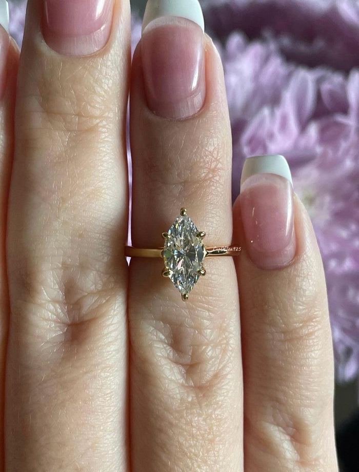 Marquise cut engagement ring. Yellow gold vermeil, Sterling Silver 925 Marquise ring with 1.5 carat CZ simulated diamond, travel ring