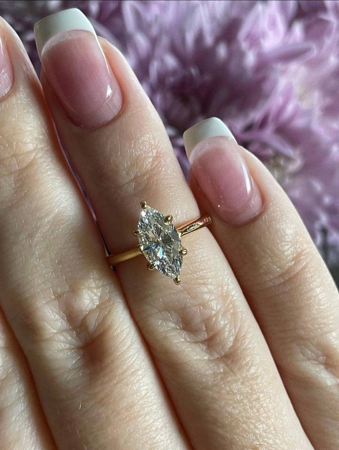 Marquise cut engagement ring. Yellow gold vermeil, Sterling Silver 925 Marquise ring with 1.5 carat CZ simulated diamond, travel ring