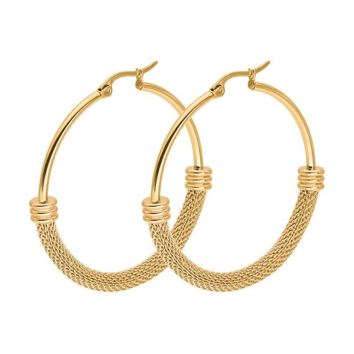 Gold mesh hoop earrings with coiled ring detail and dangling mesh texture