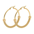 Gold mesh hoop earrings with coiled ring detail and dangling mesh texture