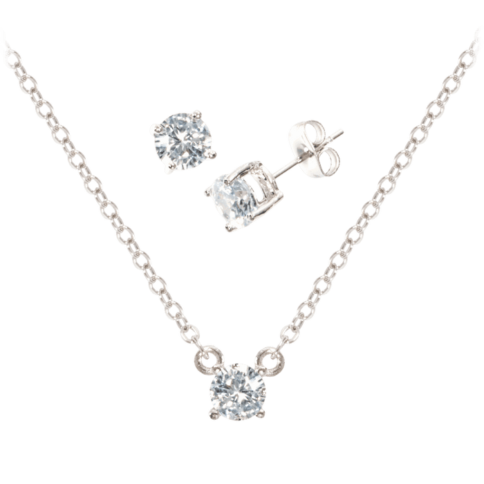 Square cubic zirconia necklace with three-stone pendant and matching stud earrings, silver-tone