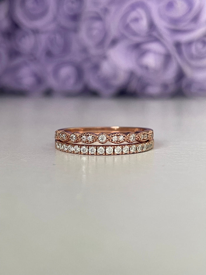 Moissanite Art Deco Band and Half eternity band in Rose Gold Vermeil, wedding band, stacking rings, moissanite band