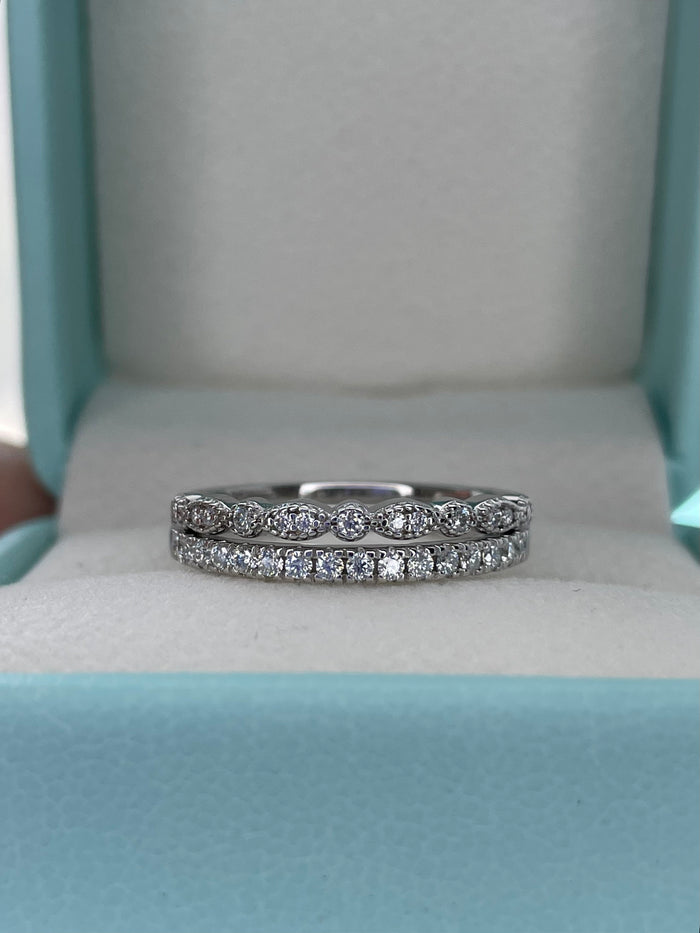 Moissanite Art Deco Band and Half eternity band in Sterling Silver 925, wedding band, stacking rings